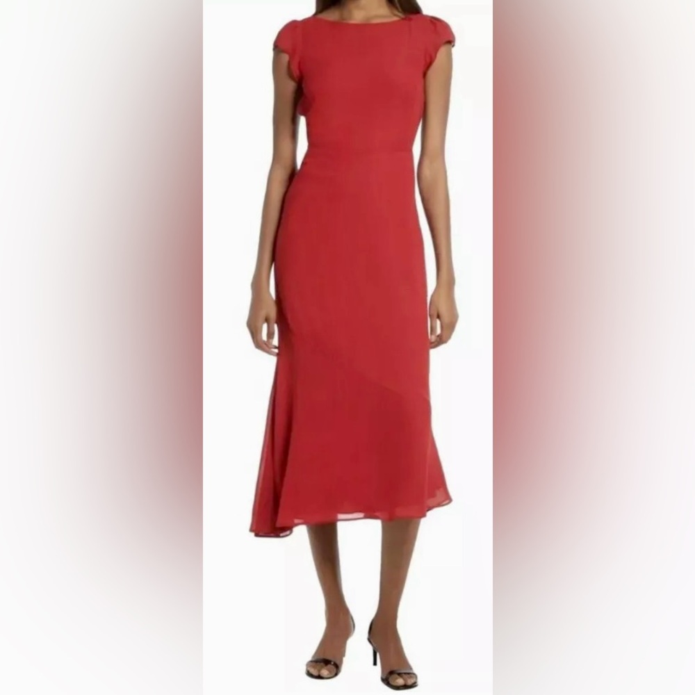 Reformation Capped Sleeve Underwood Bare Back Asymmetrical Red Midi Dress ZB15